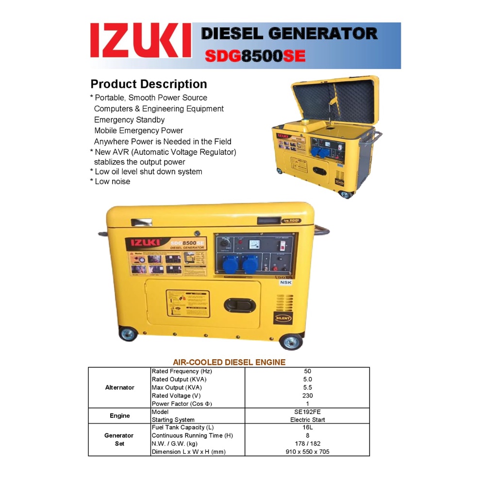 Izuki SDG8500SE 6KVA Silent Type Diesel Generator
